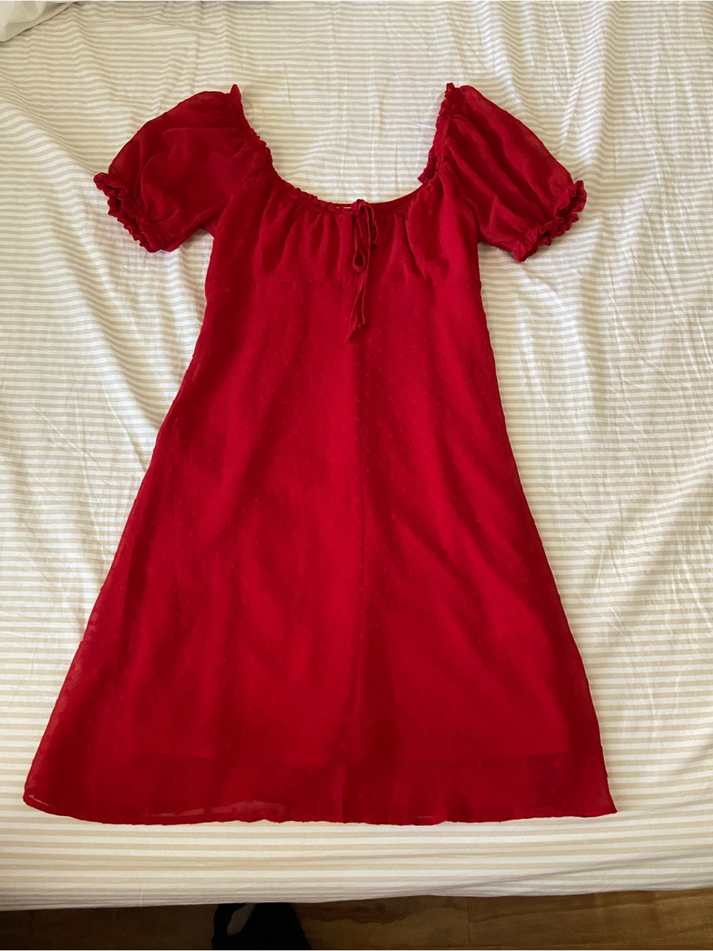 Rewind Red Puff Sleeve Casual Dress with Tie Neck Hearts Embroidered Size XS